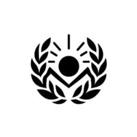A minimalist black and white featuring a sunburst over an abstract mountain shape, encircled by laurel wreaths. vector