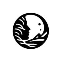 Symbolic Circular Depicting Human Profile, Moon, Mountains, and Water Elements in Black and White. vector