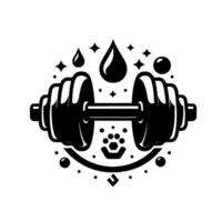 Monochrome emblem stylized dumbbell with droplets, stars, and geometric elements, representing fitness and wellness. vector
