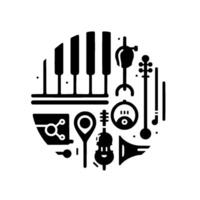 Circular Black White Iconography A musical composition of a piano, strings, and various other instrumental symbols and elements. vector