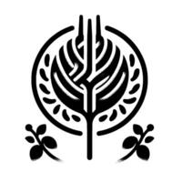 Minimalist Black and White Botanical Emblem A Stylized Tree Within a Circle with Leaf Embellishments and Decorative Sprigs. vector