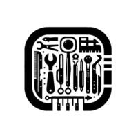 Monochrome Tool Set Stylized black and white illustration of various tools, organized within a rounded square frame. vector
