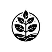 Minimalist Black and White of a Plant in a Circle, Featuring a Simple Tree with Leaves and Fields, Representing Nature and Growth. vector
