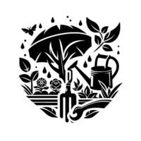Monochromatic Garden Illustration Gardening Tools, Plants, Rainfall, and Butterfly Enclosed in Circular . vector