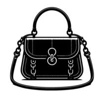 Monochrome illustration of a chic, structured black handbag with a top handle, shoulder strap, and distinctive clasp, set against a white background. vector
