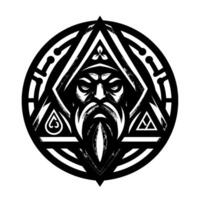 Intricate Black and White Geometric of a Wise Bearded Elder in a Hood, within a Symbolic Circular and Triangular Framework. vector