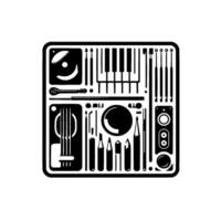 A minimalist, monochromatic illustration showcasing a collection of musical instruments, stationery, and audio elements within a black and white composition. vector