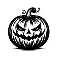 Spooky, stylized black and white Jackolantern illustration with menacing eyes, a jagged grin, and curly stem against a white background. vector
