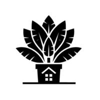 Minimalist Black and White A Plant in a Pot Featuring a Home Shape, Representing Growth and Home Environment vector
