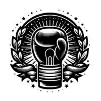 Symbolic emblem featuring a boxing glove integrated as a light bulb, encircled by laurel wreaths, ribbons, and stars, in bold black and white, with radiant lines. vector
