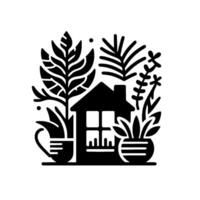 Black and white minimalist home illustration with stylized house, plants, and a calm, inviting feel. vector