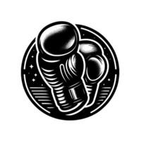 Black and white boxing gloves illustration, inside a circle with stars, linework, and a style. vector