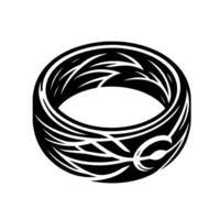 Circular black and white ornate ring illustration, featuring stylized leaflike patterns and geometric shapes. vector