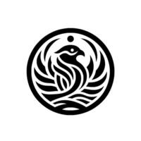 A stylized black phoenix emblem within a circular frame, featuring intricate feather detailing and a top dot element, set against a stark white background. vector