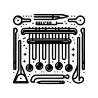 Stylized Minimalist Illustration Featuring a Black and White Collection of Abstract Medical and Scientific Instruments Arranged in a Square Composition. vector