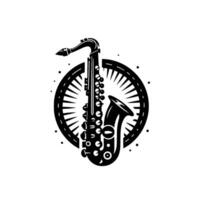 Silhouette of a Saxophone Against a Circle Sunburst in Black and White, Modern Jazz Emblem. vector