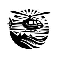 Black and White Silhouette of a Helicopter Over Mountainous Terrain Within a Circular Frame, Representing Adventure and Travel. vector