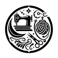 Circular black and white emblem featuring sewing machine, yarn, scissors, and decorative swirls, creating a stylized . vector