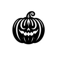 A symmetrical, black and white Halloween jackolantern illustration with a smiling face, curly stem, and minimalistic aesthetic on a plain white background. vector