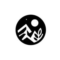 Minimalist Black and White Emblem Mountains, Moon, Leaf, and Star in a Circular . vector