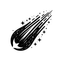 A striking black and white illustration of a celestial comet streak with twinkling stars and a directional arrow , isolated on white. vector