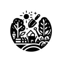 Black and white circular garden illustration featuring a house, trees, tools, a sun, and various gardening elements, creating a harmonious composition. vector