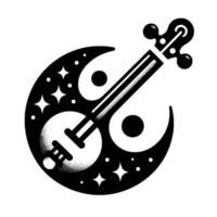 A celestial banjo silhouette intertwined with a crescent moon , featuring stars and dotted patterns, in stark black and white. vector
