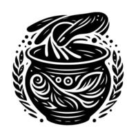 Symbolic Black and White Illustration of a Decorated Cauldron with an Abstract Item Bubbling Over, Surrounded by a Circular Wreath. vector
