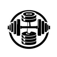Bold black and white minimalist , featuring a weightlifting barbell with circular weights and rounded ends, enclosed in a circular frame. vector