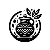 Stylized Monochrome Illustration of a Ceramic Jug with a Lid, Adorned with Leafy Accents, Enclosed Within a Circular Frame and Decorative Elements. vector