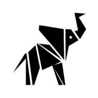 Geometric Black Elephant Illustration Minimalist monochromatic showcasing an origamistyle elephant with raised trunk, set against white background. vector
