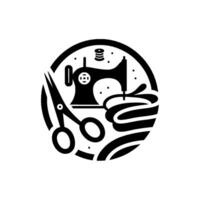 Circular Black White of Sewing Machine, Scissors, Spool, and Fabric Elements, Representing Tailoring and Craft vector