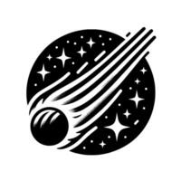 Black and White A Comet streaks across a starry cosmos inside of a circle, style. vector