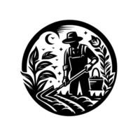 Circular farmer working in the field at night, raking soil, vegetables and crops around a full moon crescent. vector