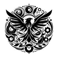 Geometric Black Eagle Emblem with Mechanistic Elements, Wings Spread in a Circular, Ornamental . vector