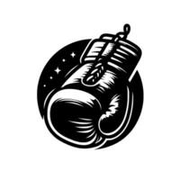 Artistic black and white illustration of a boxing glove within a dark circular frame adorned with stars, showcasing strength. vector