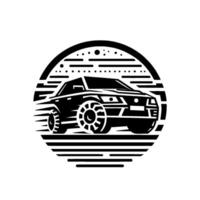 Bold Black and White OffRoad Vehicle in a Circular Emblem with Speed Lines and Decorative Elements, Stylized . vector
