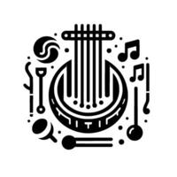 Stylized Black and White Illustration of Musical Instruments and Symbols, Featuring a Stringed Instrument and Notes vector