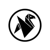 Black and white minimalist featuring a stylized origami bird within a circular frame, blending geometric shapes. vector