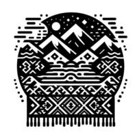 Black and white stylized depicting a mountainous landscape with geometric patterns and a woven textile at the bottom, enclosed in a circle under a night sky. vector