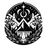 Black and white circular illustration of a mountain scene with night sky, crescent moons, stars, and surrounding foliage, creating a mystical forest view. vector