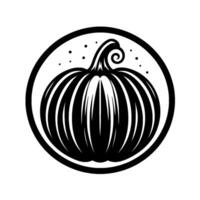Black and white circular featuring a stylized pumpkin with a curly stem and decorative dots, centered on a white background. vector