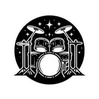Black and white illustration of a drum set within a dark circular frame with star accents. vector