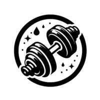 Black and white stylized emblem of a dumbbell inside a circle, featuring drops and stars, conveying strength. vector