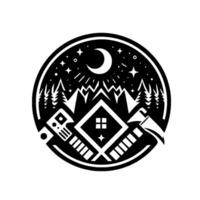 A circular monochrome emblem featuring a house, mountains, forest, moon, stars, and crossed axes, representing wilderness and craftsmanship. vector