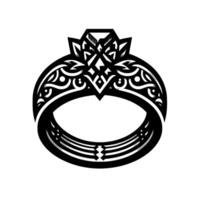 Intricate Black and White Diamond Ring Featuring Geometric Patterns and Ornate Band, Isolated on White Background. vector