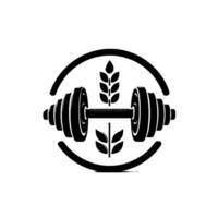 D Render of a Black Dumbbell and Wheat Symbol within a Circular Frame on a Gradated White Background, Representing Health Fitness. vector