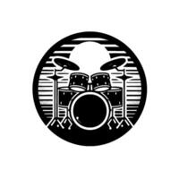 Minimalist black and white circular illustration of a drum set silhouette within a stylized sunburstlike frame, evoking a sense of rhythm and music. vector