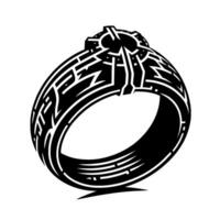 Intricately detailed black and white geometric ring illustration, showcasing complex patterns and sharp lines on a stark white background. vector