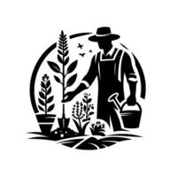 Silhouette of a Gardener Tending a Garden with Various Plants, Watering, and Surrounded by a Circle. vector